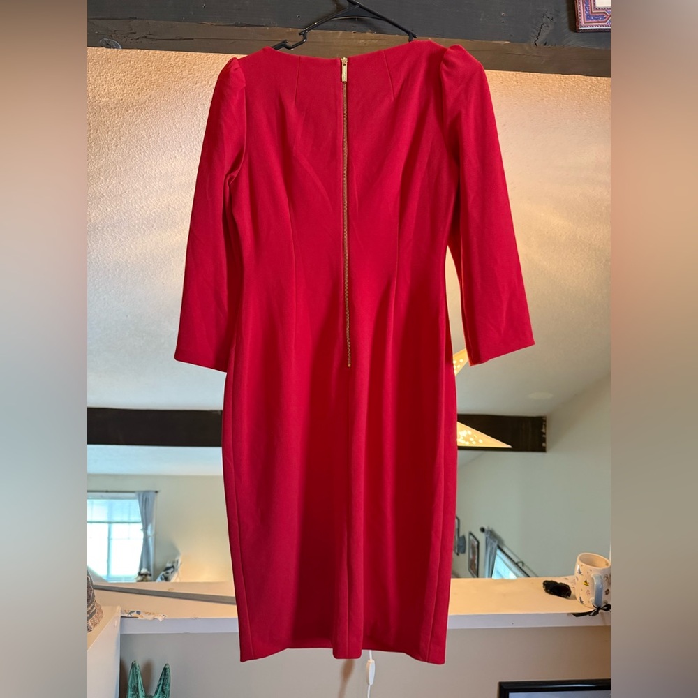 Calvin Klein Red Long Sleeve Sheath Dress w/ Puff Sleeves - Picture 2 of 3